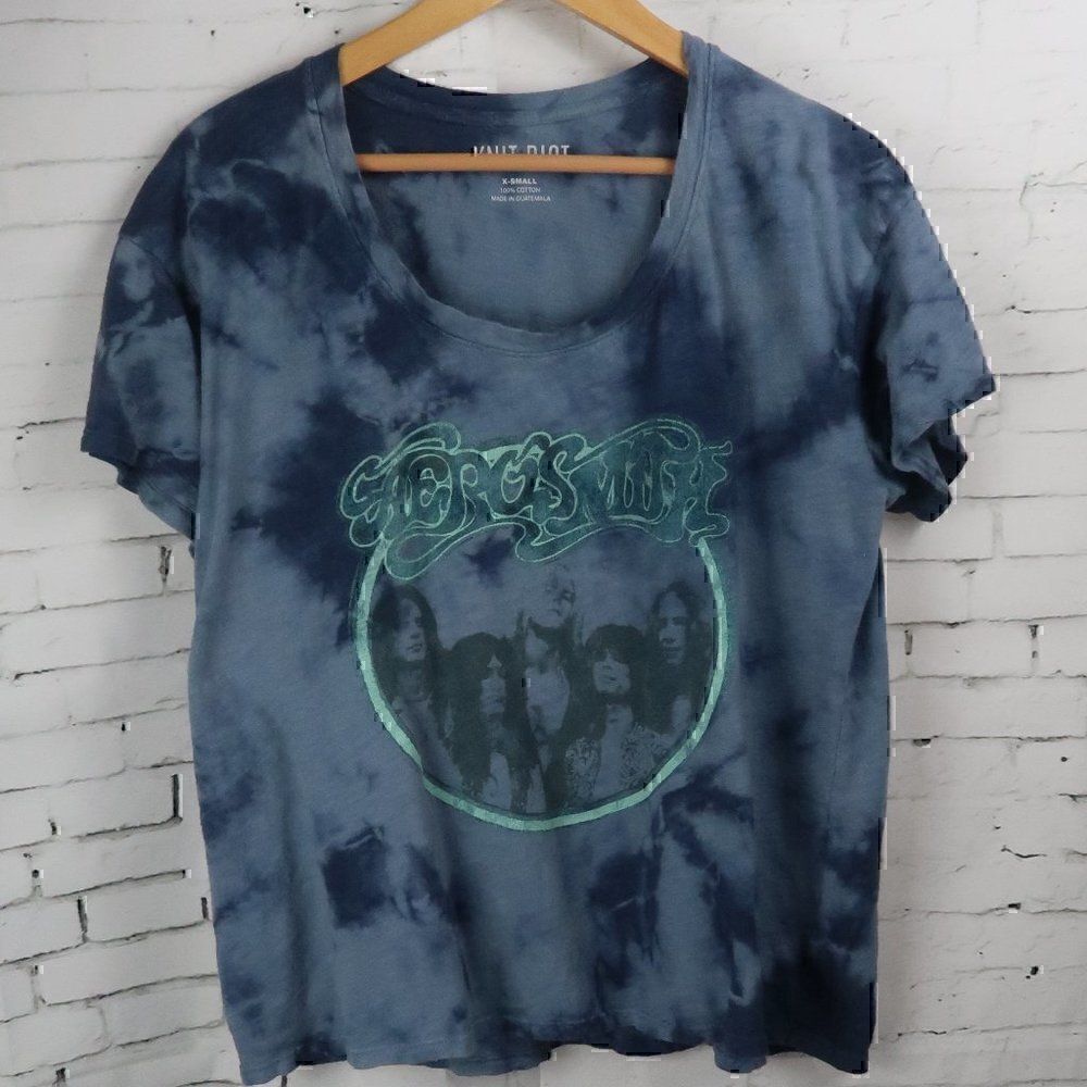 KNIT RIOT AEROSMITH BAND BLUE TIE DYE SHORT SLEEVE OVERSIZED T SHIRT SIZE XS